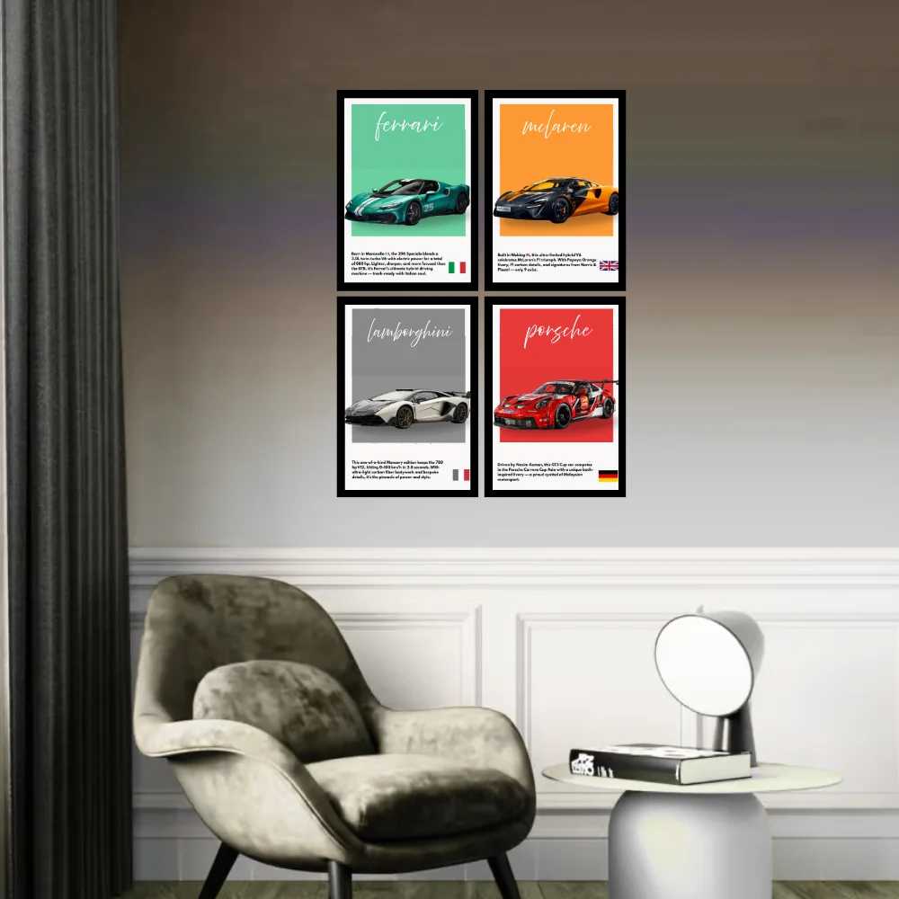 Djane Studio Supercars Wall Frame Set | Premium Wall Art for Living Room, Bedroom, Office & Gaming Room | Modern Home Décor | Pack of 4 | Size 12x8 Inch