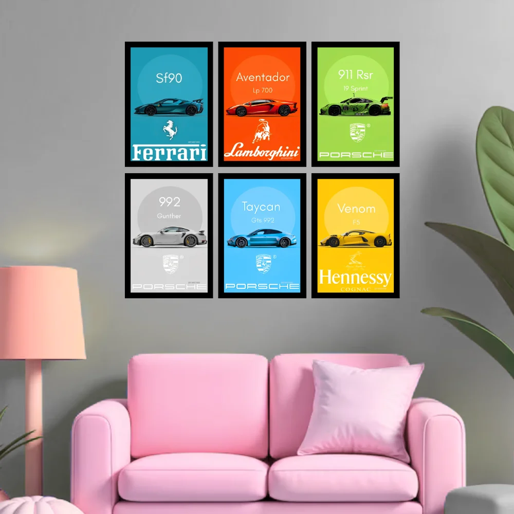 Djane Studio Supercars Wall Frame Set | Premium Wall Art for Living Room, Bedroom, Office & Gaming Room | Modern Home Décor | Pack of 6 | Size 12x8 Inch