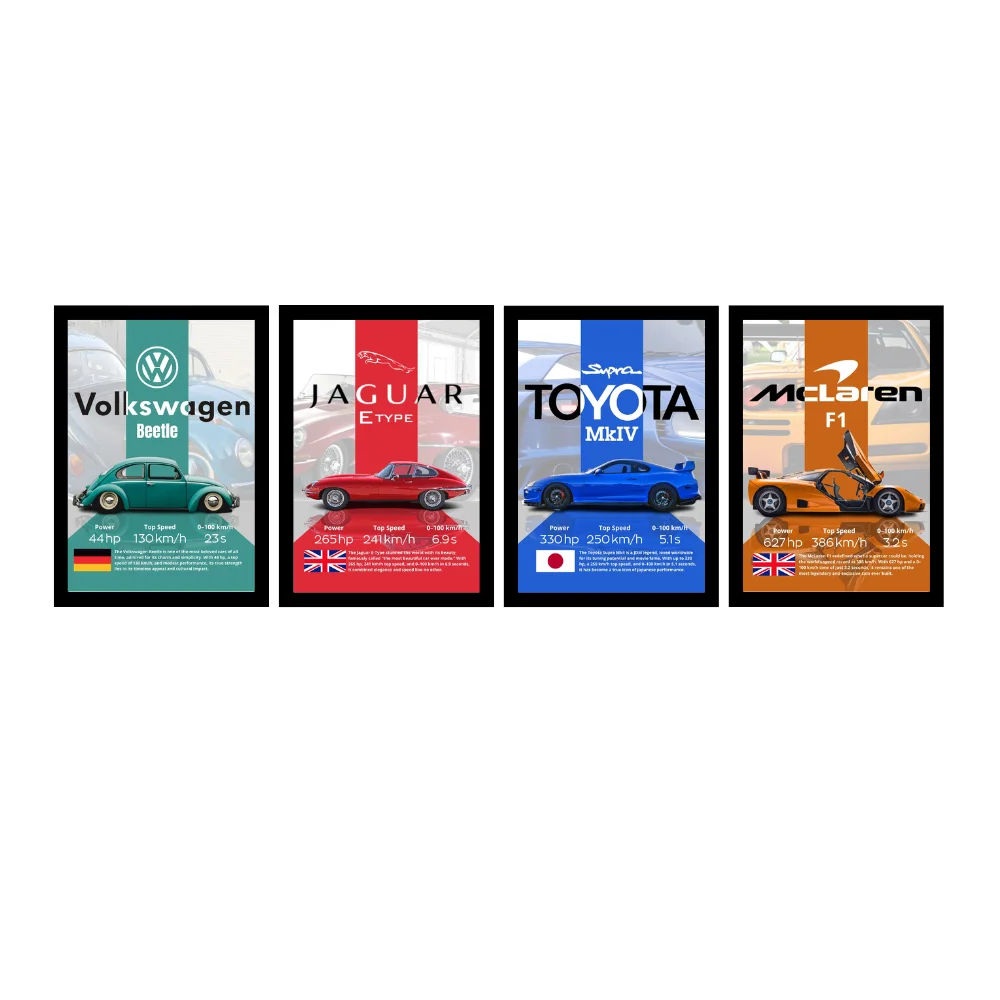 Djane Studio Supercars Wall Frame Set | Premium Wall Art for Living Room, Bedroom, Office & Gaming Room | Modern Home Décor | Pack of 4 | Size 12x8 Inch